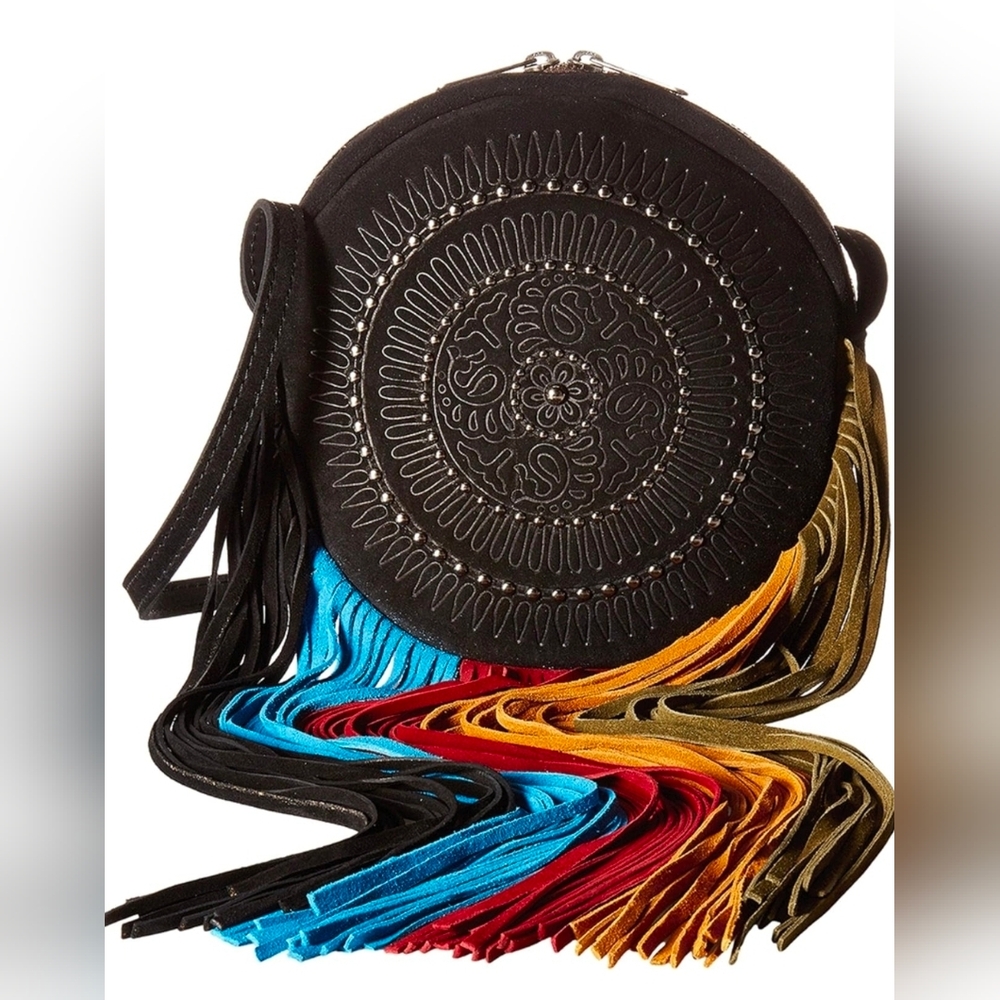 Patricia Nash Black Round Crossbody Bag with Multicolor Fringe - Picture 4 of 4